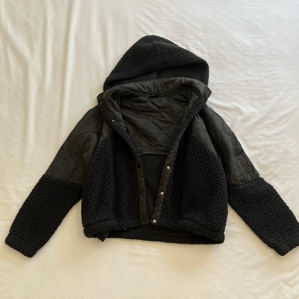 Black fleece button up jacket with hood